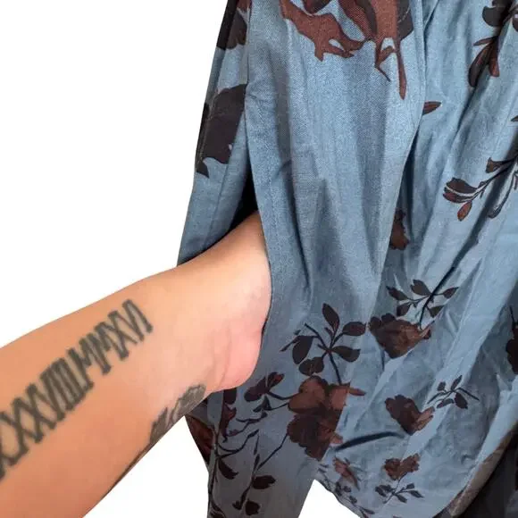 Free People Laters Baby Denim Blue Floral Midi Dress Storm Combo Size L Boho - Picture 8 of 9